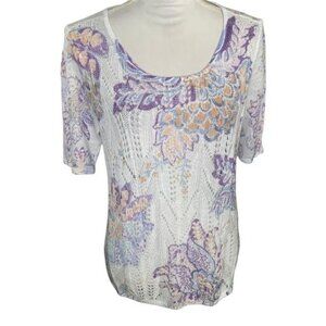 Chicos Linen Floral Knit Top Size 1 Medium White Purple Orange
